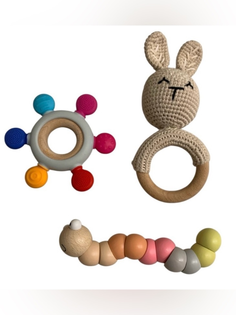 Wooden Silicone Infant Toddler Toys Lot Crocheted Bunny Moveable Caterpillar. V